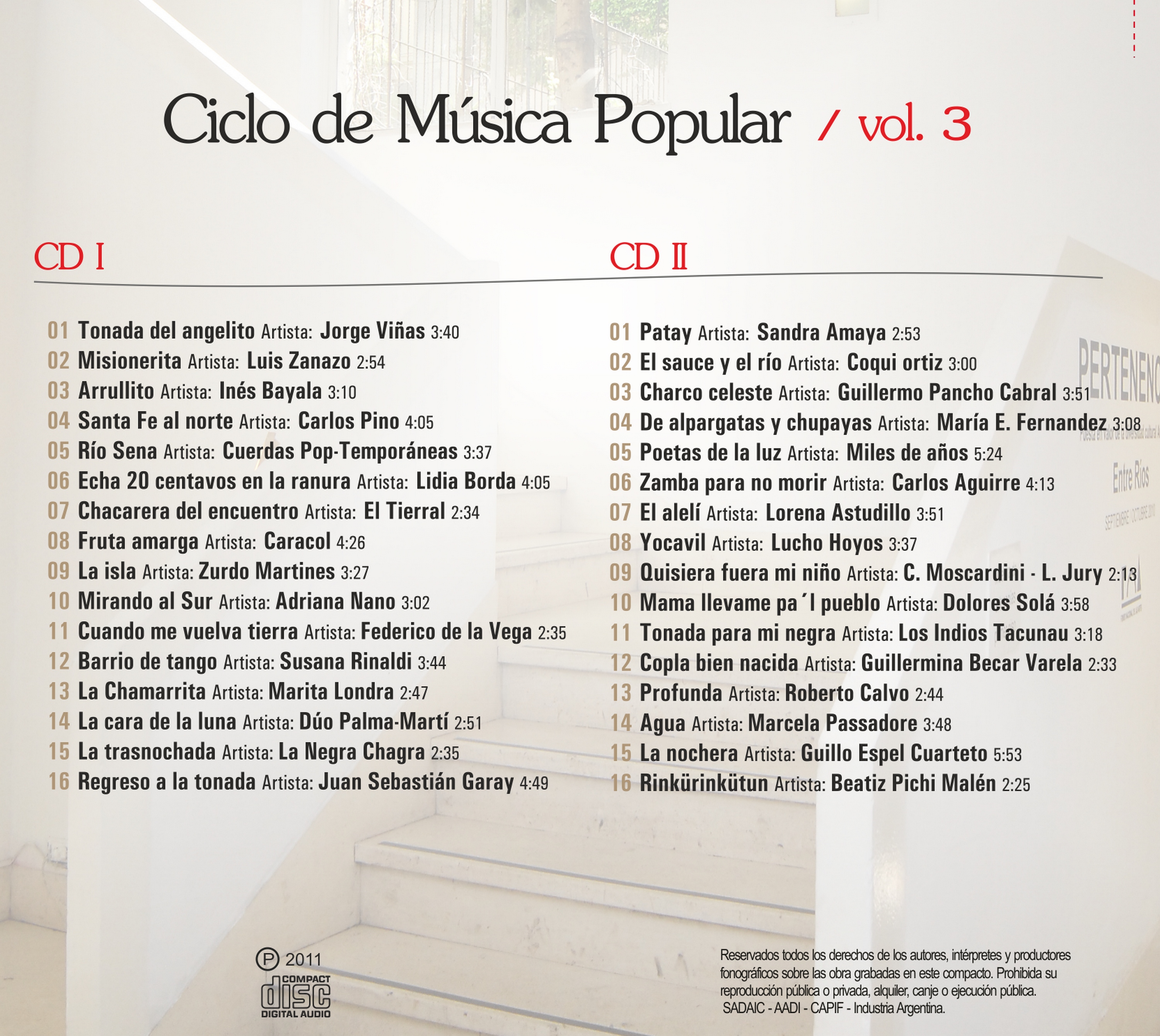 Contratapa de Varios Artistas — Ciclo de Música Popular Vol 3 CD I